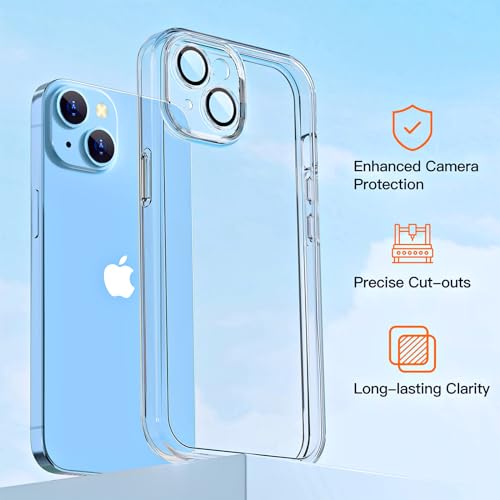 COOLQO Compatible for iPhone 14 Case iPhone 13 Case, 2X [Camera Lens Protectors+9H Tempered Glass Screen Protector] [6 in 1] [Anti-Yellowing] 15 FT Military Grade Protective Phone Cover, Clear