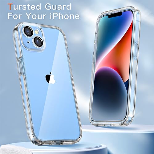 COOLQO Compatible for iPhone 14 Case iPhone 13 Case, 2X [Camera Lens Protectors+9H Tempered Glass Screen Protector] [6 in 1] [Anti-Yellowing] 15 FT Military Grade Protective Phone Cover, Clear