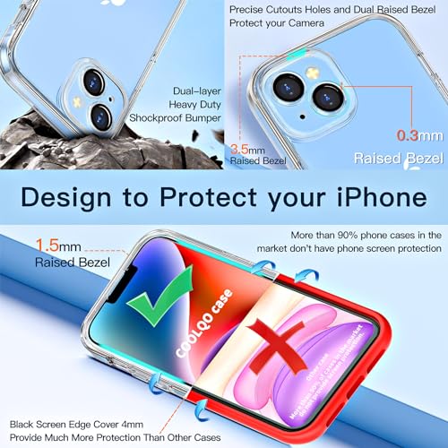 COOLQO Compatible for iPhone 14 Case iPhone 13 Case, 2X [Camera Lens Protectors+9H Tempered Glass Screen Protector] [6 in 1] [Anti-Yellowing] 15 FT Military Grade Protective Phone Cover, Clear