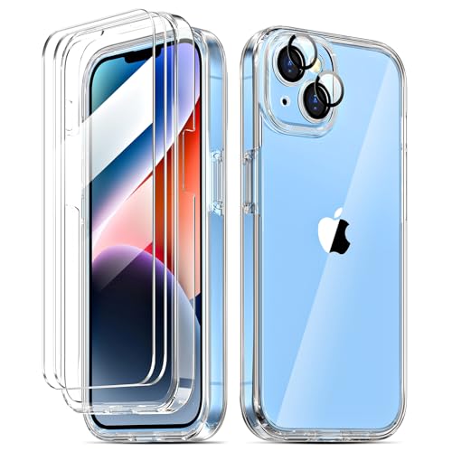 COOLQO Compatible for iPhone 14 Case iPhone 13 Case, 2X [Camera Lens Protectors+9H Tempered Glass Screen Protector] [6 in 1] [Anti-Yellowing] 15 FT Military Grade Protective Phone Cover, Clear