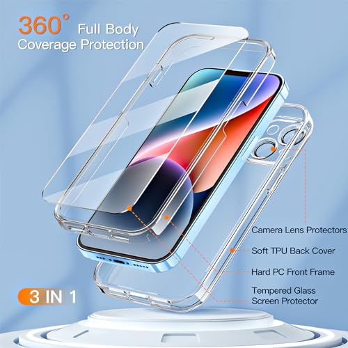 COOLQO Compatible for iPhone 14 Case iPhone 13 Case, 2X [Camera Lens Protectors+9H Tempered Glass Screen Protector] [6 in 1] [Anti-Yellowing] 15 FT Military Grade Protective Phone Cover, Clear