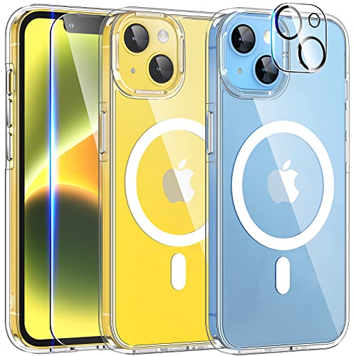 TAURI 5 in 1 Magnetic Clear for iPhone 14 Case [Designed for Magsafe] with 2 Screen Protector +2 Camera Lens Protector, [Military Drop Protection] Slim Phone Case for iPhone 14 6.1 Inch